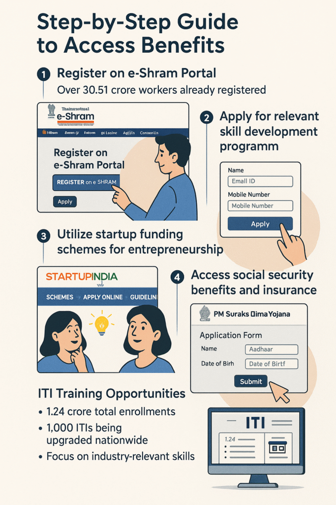 Step-by-step infographic showing how to register for government schemes, with screenshots of portals and application processes.