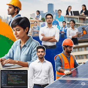 Collage showing diverse professionals - women in tech, young entrepreneurs, skilled workers in renewable energy sector, representing India's changing workforce.