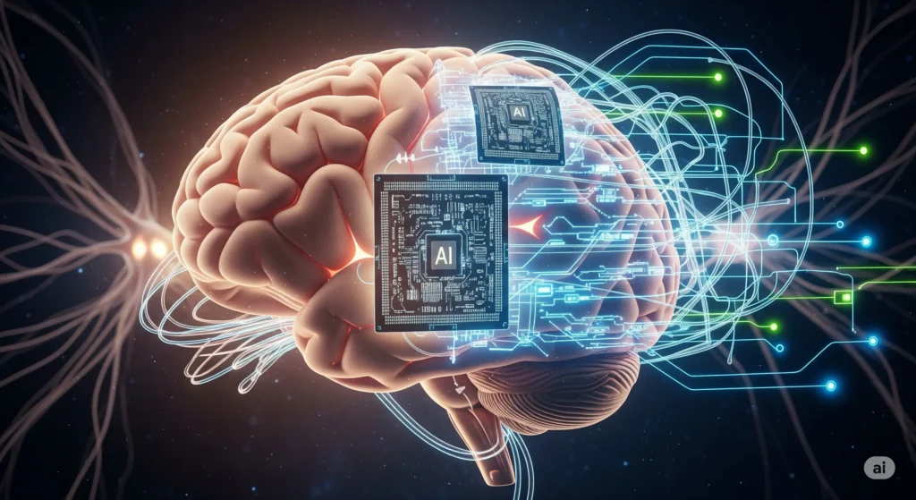 Human brain syncing with AI, symbolizing cognitive science in technolog