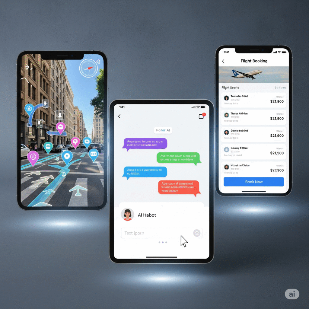 Tourism technology tools including AR maps, AI chatbots, and online booking apps