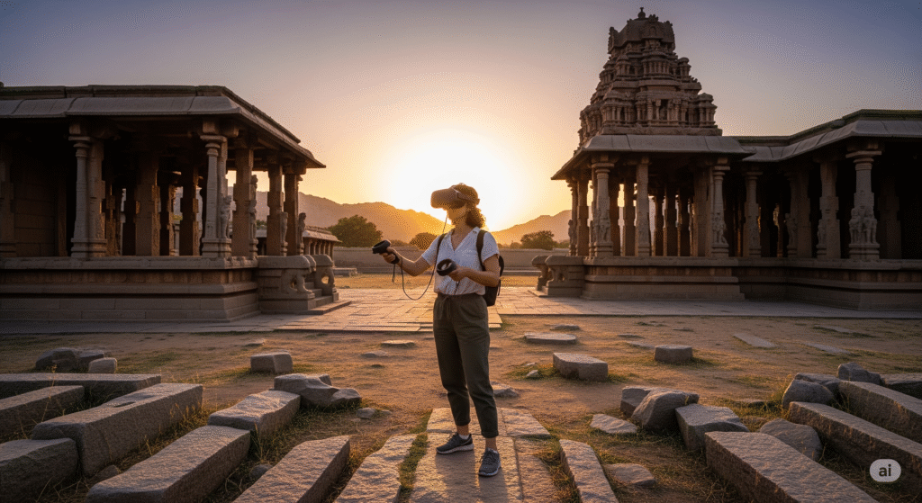 Tourist exploring an Indian monument through VR headset